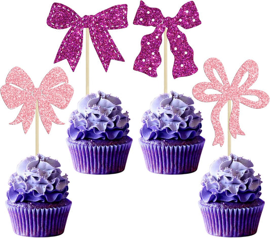 Ephlyn 24Pcs Pink Bow Cupcake Toppers Bow Birthday Cake Topper Girls Birthday Party Decorations Bowknot Cupcake Decorations for Bridal Baby Shower Birthday Wedding Themed Party Pink Purple