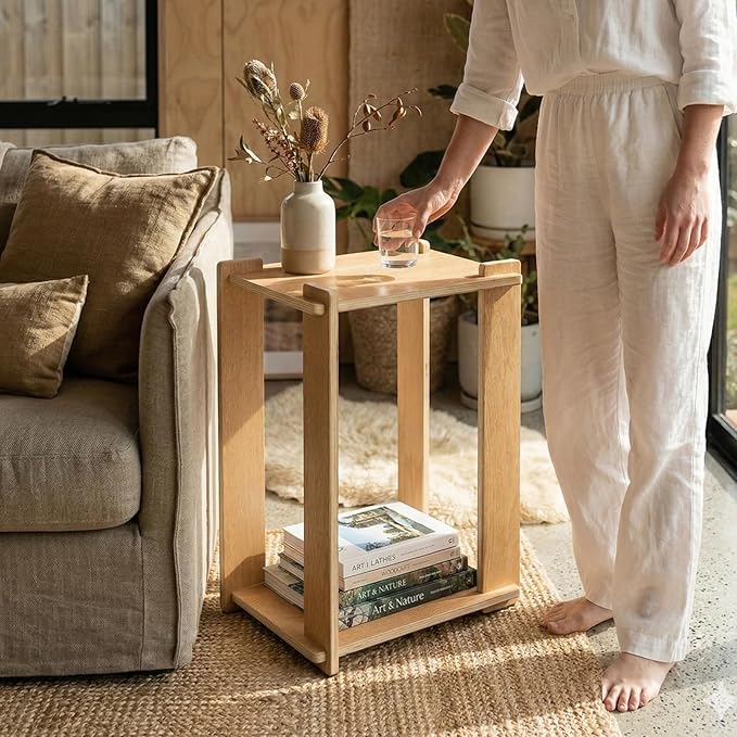 Wood Side Table, Tool-Free Mortise and Tenon Boho Japandi Night Stand, Light - Image 4