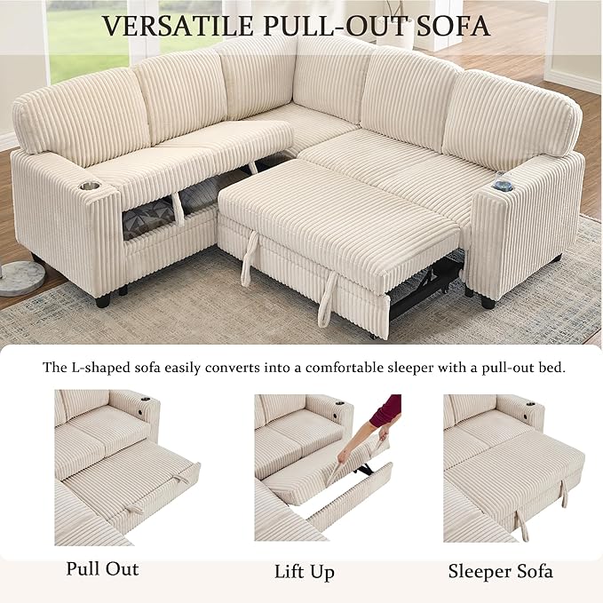 L-Shaped Sectional Couch with Storage and Pull Out Bed, Convertible Sofa Bed - Image 5
