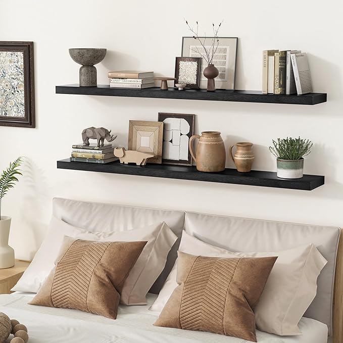 fuqing Black Floating Shelves 48 Inch, Solid Wood Wall Mounted Shelves Set of 2 - Image 2