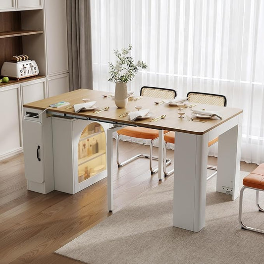 Extendable Dining Table with 3 Removable Middle Leaves, Mobile Rolling Island by SIYSNKSI