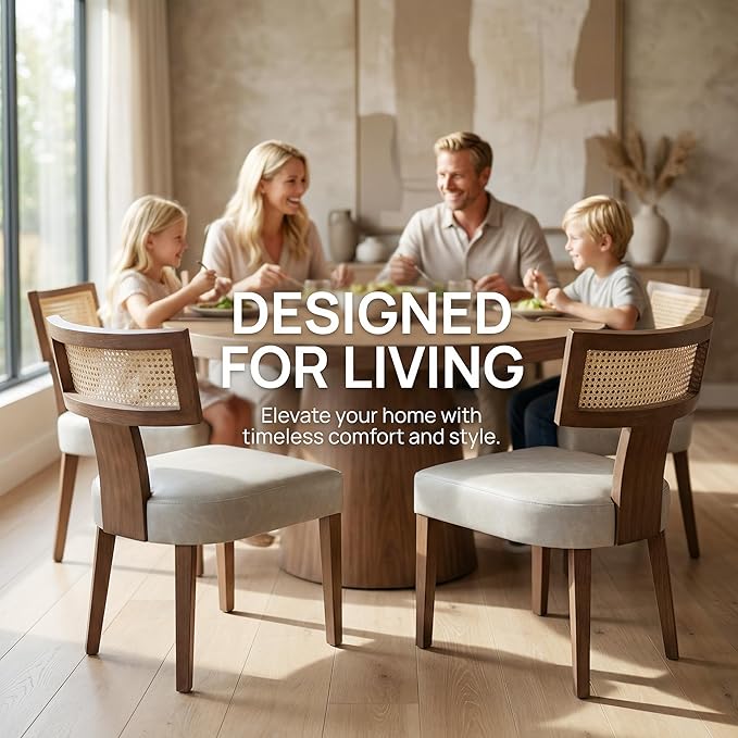 HNY Mid Century Modern Rattan Dining Chairs Set of 4, Farmhouse PU Leather - Image 3