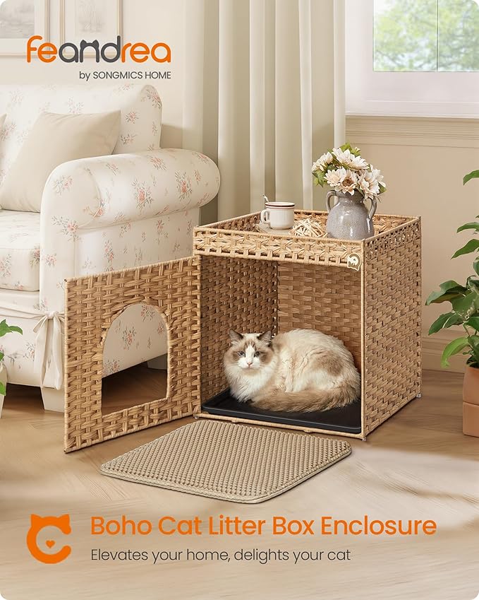 Feandrea Cat Litter Box Enclosure, Handwoven Rattan Hidden Litter Box Furniture - Image 2