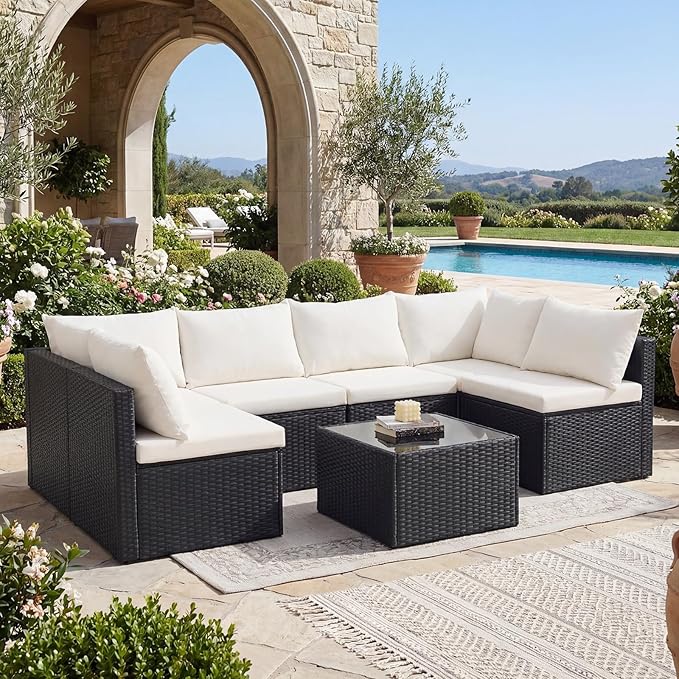 DUMOS 7 Piece Outdoor Patio Sectional Sofa, Modular Wicker Furniture Set by DumosLifestyle