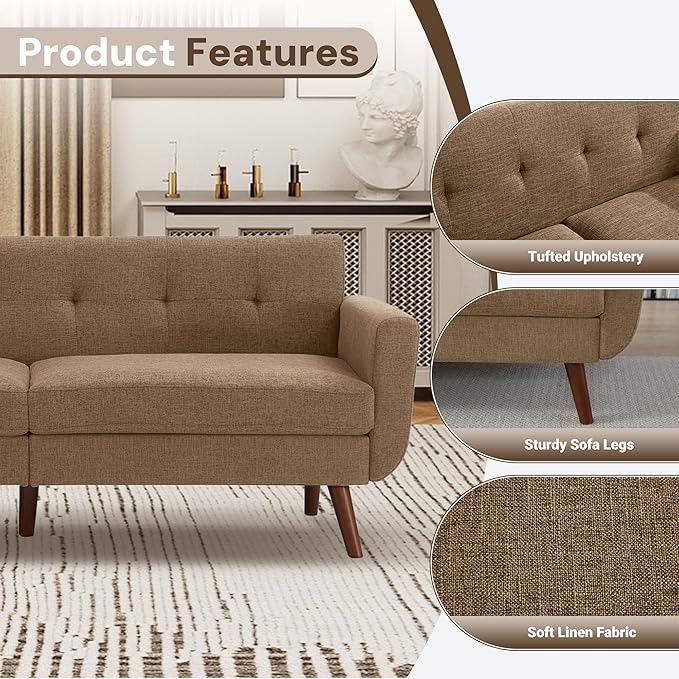 Tbfit 77.2" W Linen Sofa Couch, Mid Century Modern Decor Loveseat Couches - Image 5