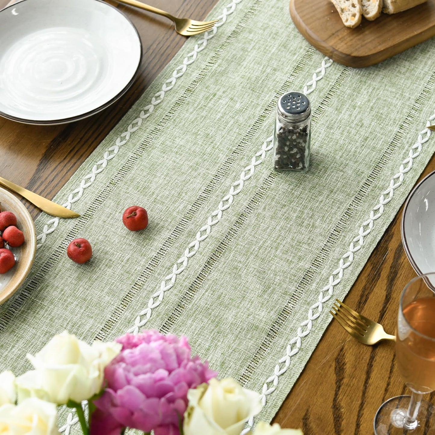 Artoid Mode Sage Green Rustic Cotton Linen Table Runner, Seasonal Embroidered Hollow Kitchen Dining Table Decoration for Home Party Decor 13x60 Inch