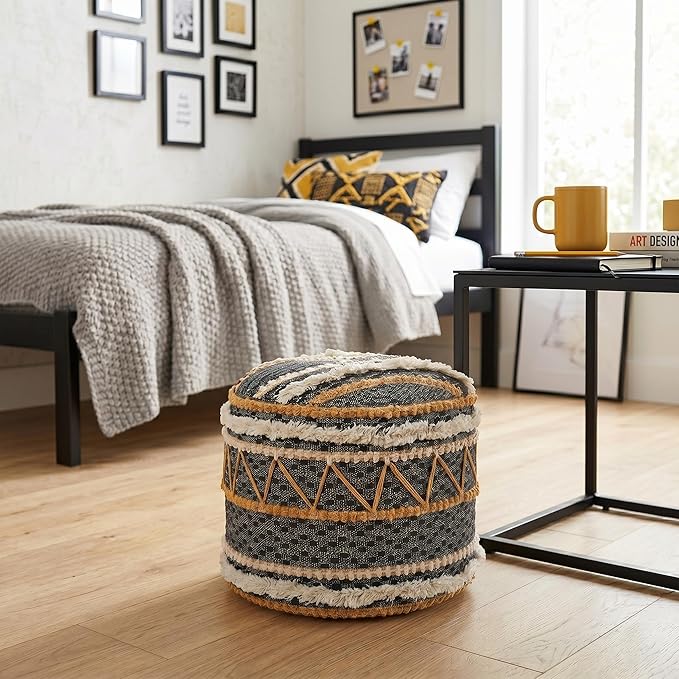 LR Home Black/Tan Coastal Striped Hand-Woven Cotton Ottoman Pouf by LRHome