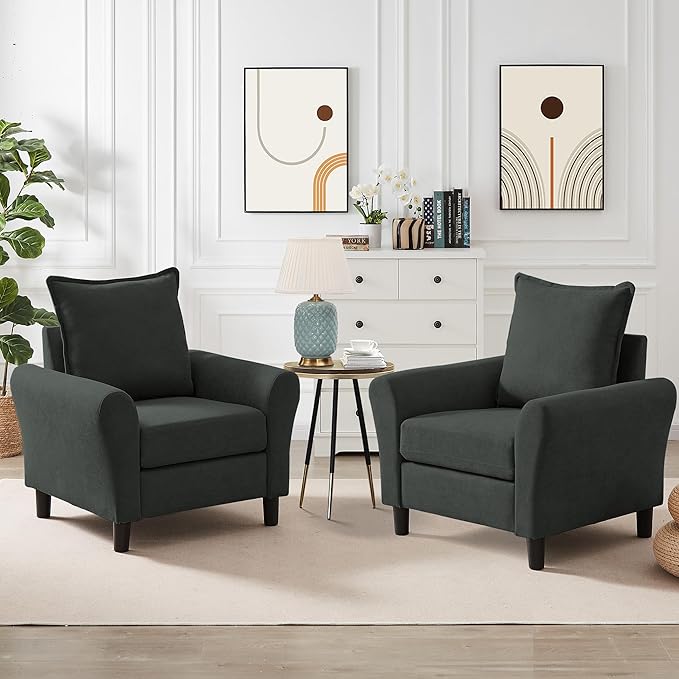 Mid-Century Accent Chairs Set of 2, Modern Linen Fabric Armchair by Chireca