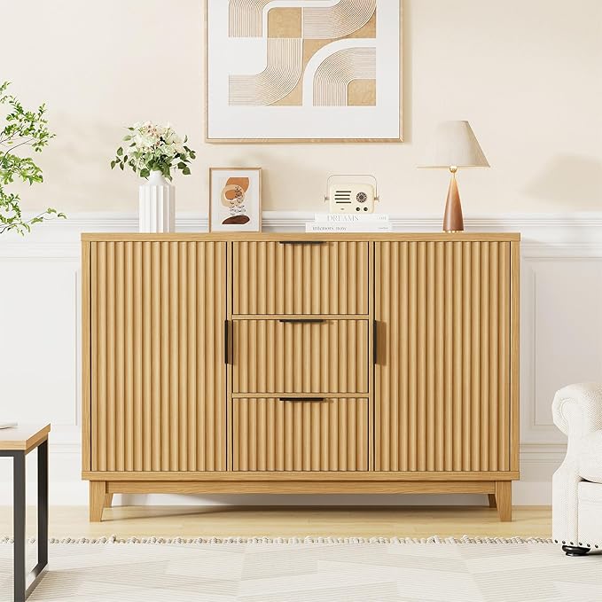47.2" W Storage Cabinet with 3 Drawers, Fluted Buffet Cabinets with Storage by FiveWillowise