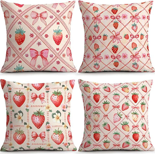 OBSEDE Pink Bow Strawberry Throw Pillow Covers 18 × 18 in, Couch Cushion Cases by OBSEDE