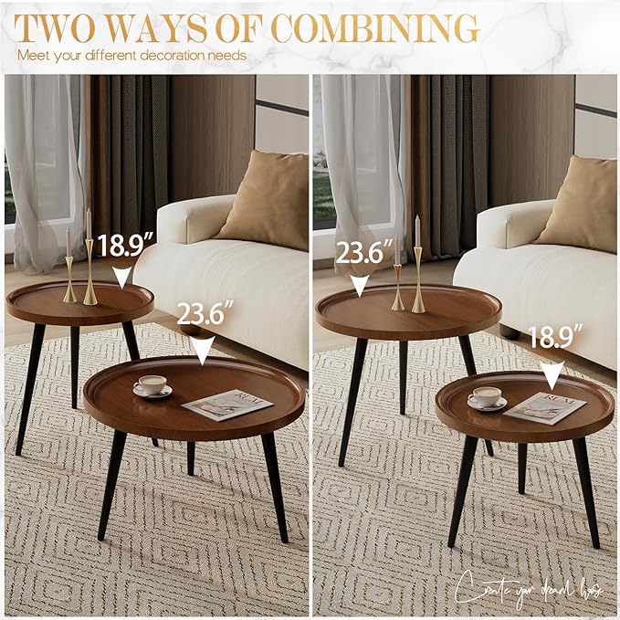 2-Piece Walnut Coffee Table, Durable Mid Century Small Round Coffee Tables - Image 6