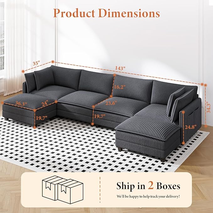 Vesgantti 143" U Shaped Modular Sectional Couch, Comfy Corduroy Upholstered - Image 2