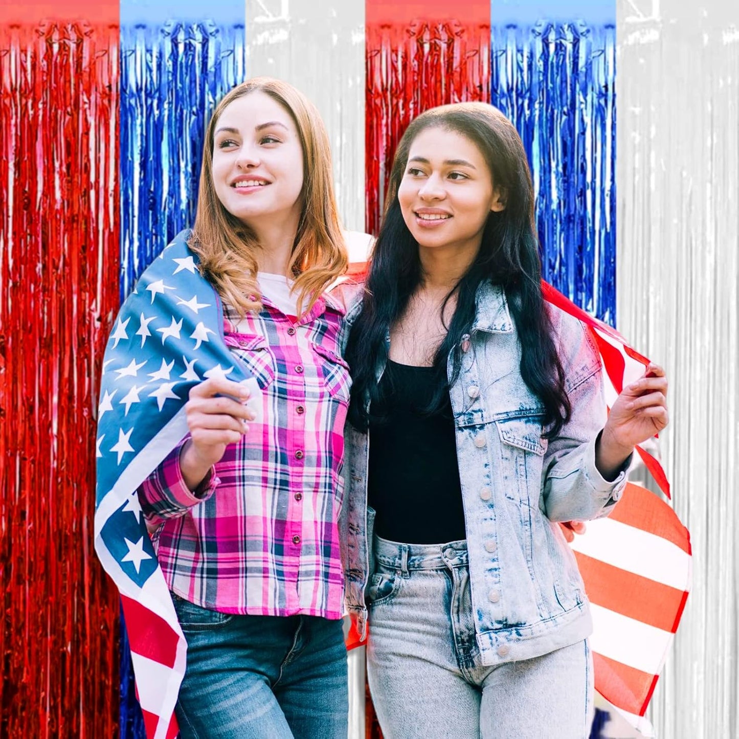 4 Pack Red Blue White Foil Fringe Curtain Backdrop, 3.28Ft x 8.2Ft Metallic Tinsel Foil Fringe Streamers Curtains for Photo Booth, Wedding, Mardi Gras, Birthday, Independence Day Party Decoration