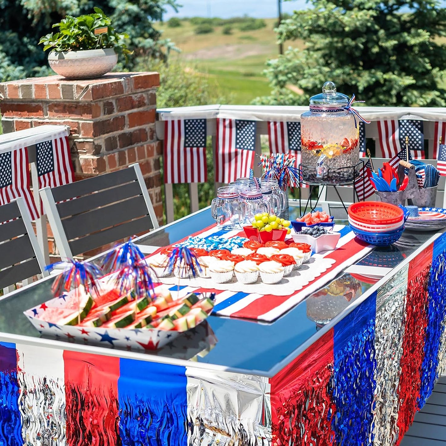 CCINEE 4 Pack 4th Of July Foil Fringe Table Skirt, 36ft Wavy Metallic Tinsel Red White And Blue Patriotic Decorations for Independence Memorial Veterans Day Labor Day Table Skirts Decoration