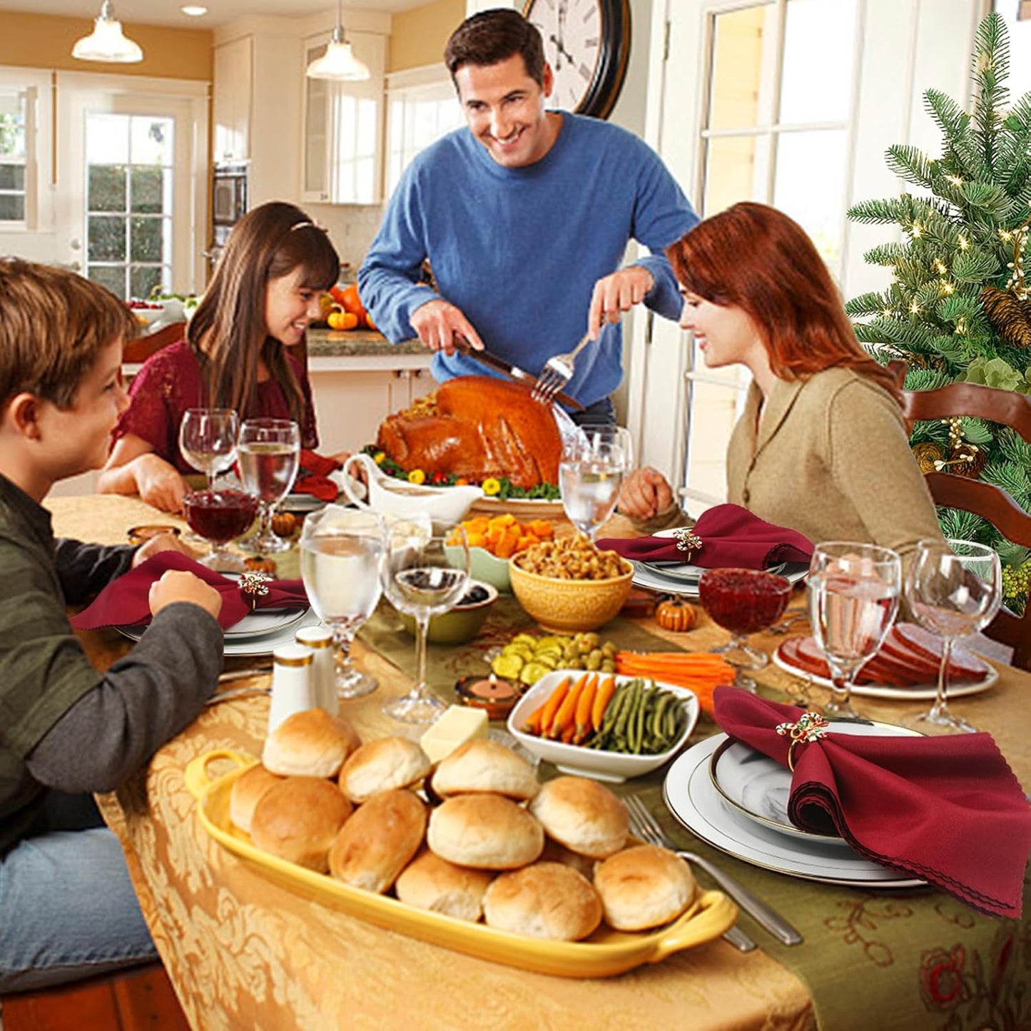 KPOSIYA 12PCS Christmas Napkin Rings Set of 6 and 6pcs Red Napkins Cloth, Metal Xmas Napkin Ring Holders for Winter Christmas Holiday Dinner Party Table Decoration