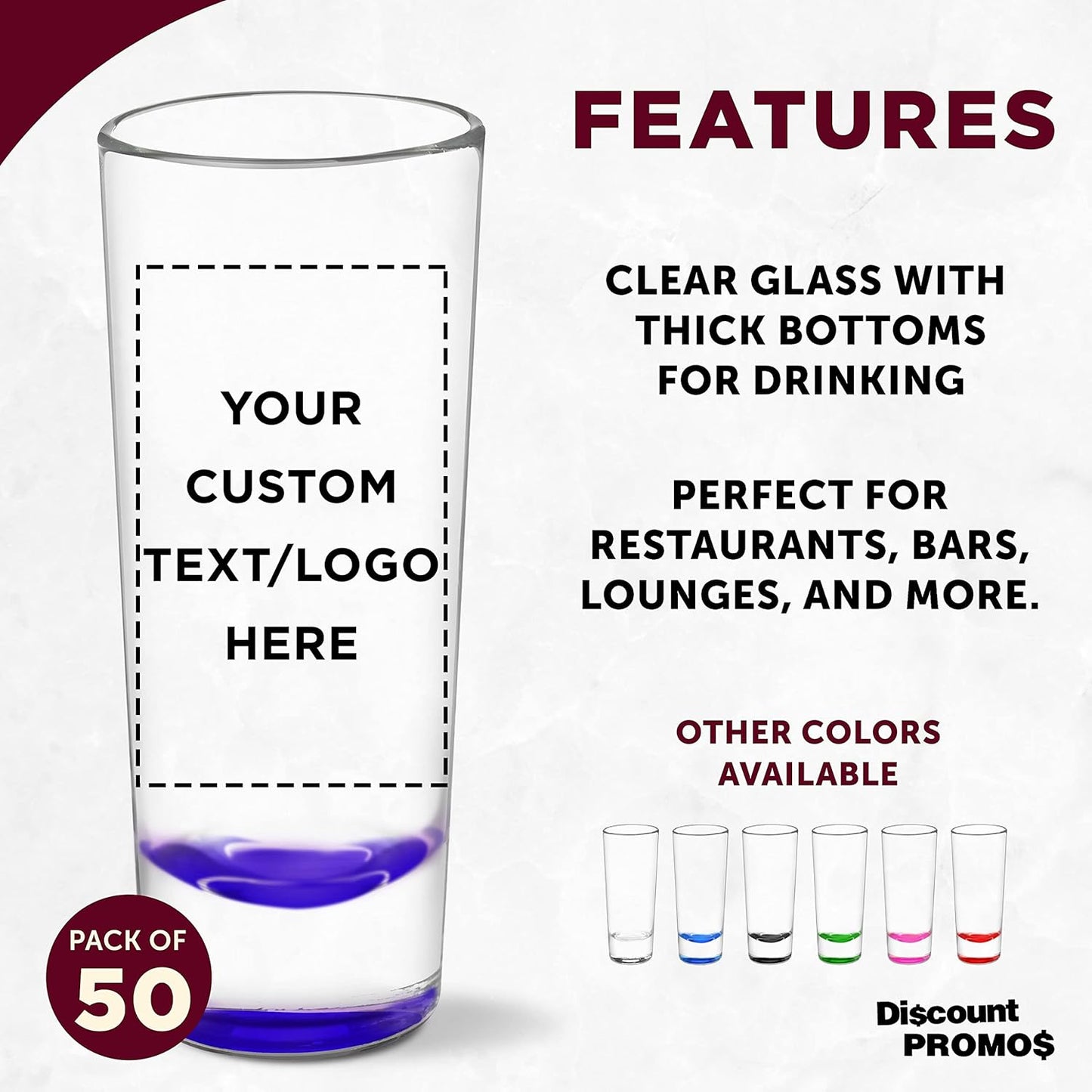 Custom Cordial Shooter Shot Glasses 2 oz. Set of 50, Personalized Bulk Pack - Great for Birthdays, Parties, Indoor & Outdoor Events - Purple