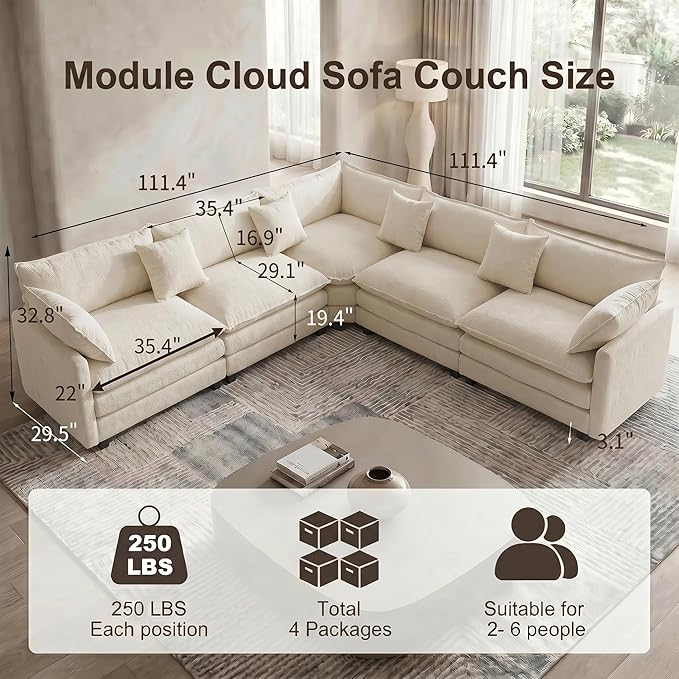 111.4" V-Shaped Corner Couch Sectional｜5 Seat Customizable Modular Cloud - Image 2