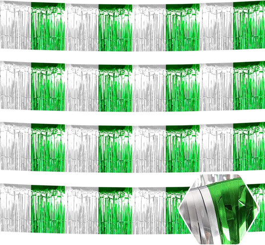 4 Pack 10 Feet Silver Green Foil Fringe Garland Metallic Tinsel Streamers Banner Wall Hanging Curtain Backdrop for Parade Floats, Wedding, Graduate, Mother's Day, Birthday Party Decoration