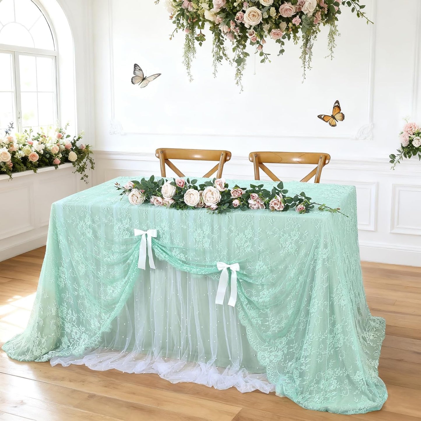 LuoluoHouse Green Lace Tablecloth 6pcs Table Fabric 60x120 Inch for Rustic Wedding Party Decoration Rectangle Overlay Long Embroidered Reception Table Cloth Decor