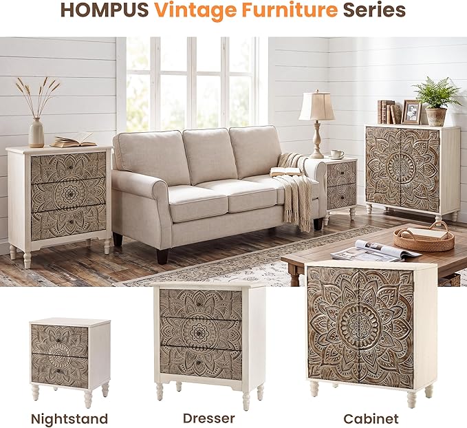 HOMPUS White Nightstand with 2 Drawers, Lotus Flower Carved Wood Bedside Table - Image 6