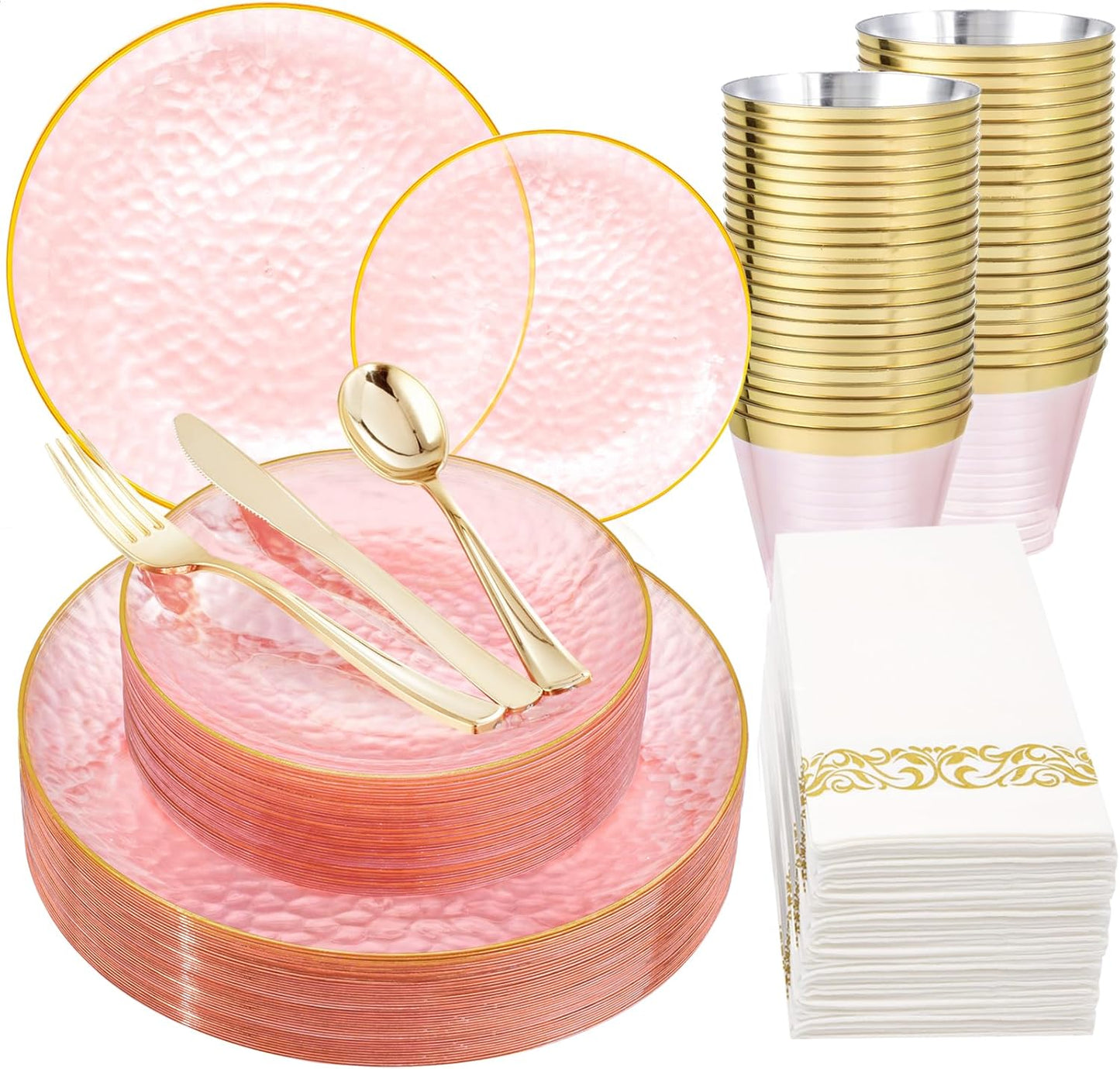 Rubtlamp 175 Pcs Pink Plastic Plates Dinnerware Set (25 Guests), Pink Disposable Plates With Gold Rim, Hammered Party Platos Set Include Dinner Plates, Dessert Plates, Cups, Cutlery for Party