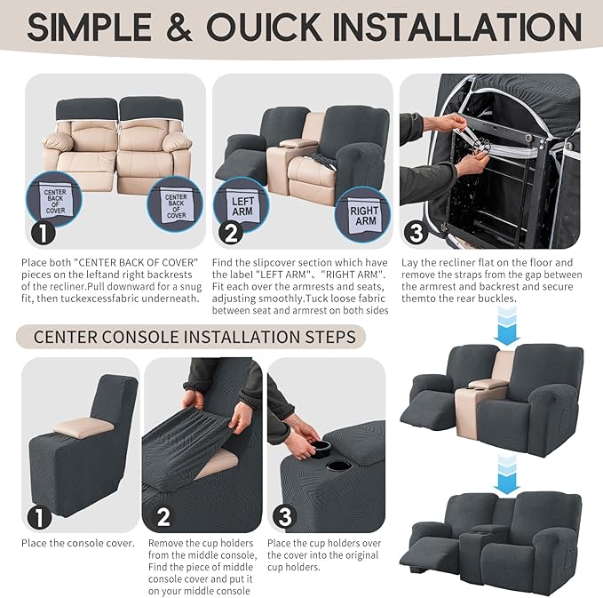 Recliner Loveseat Covers with Console, 6-Piece Stretch Geometric Strokes - Image 8