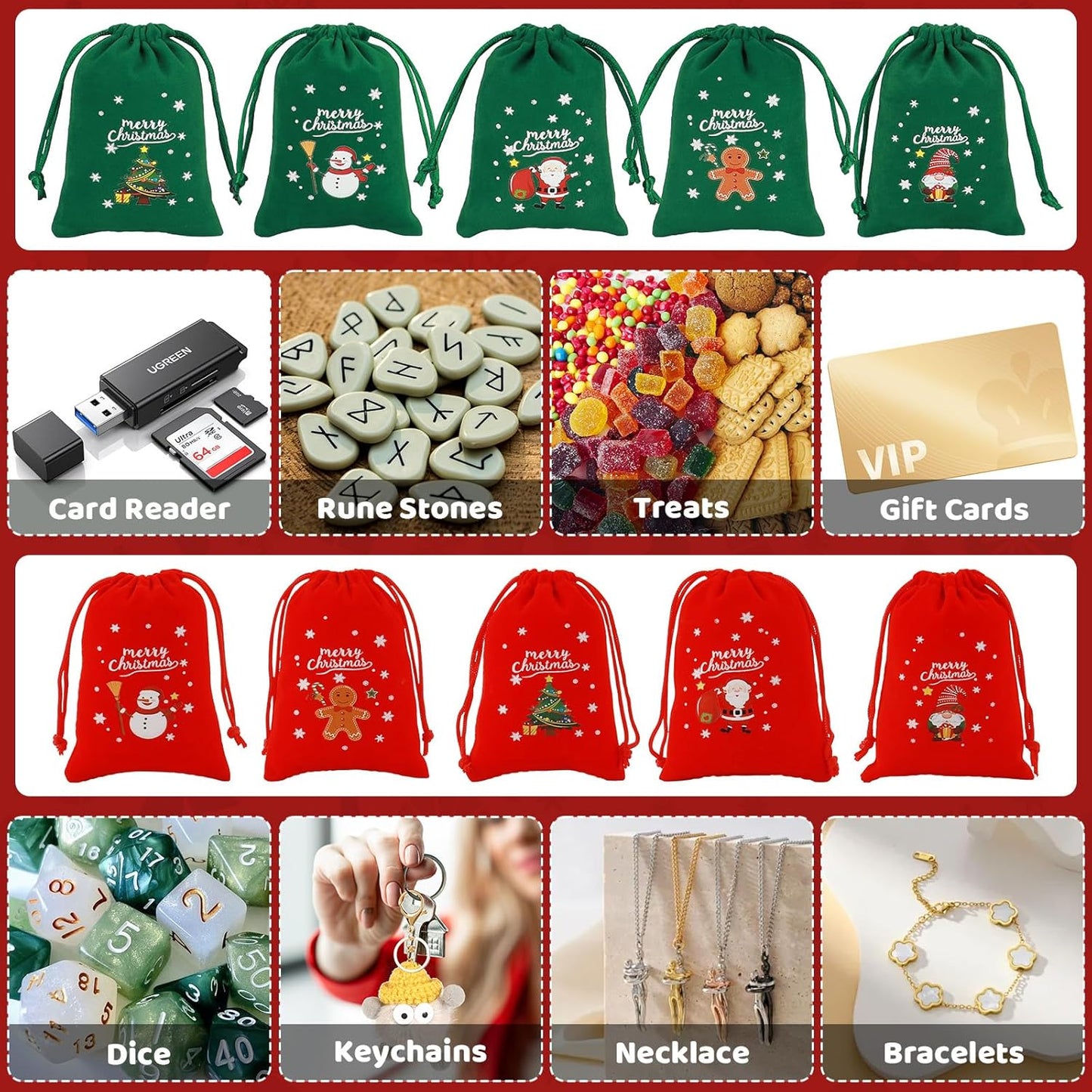 Tapleap Christmas Bags with Drawstring - 50Pcs 3x4 Red and Green Velvet Cloth for Wrapping Dice, Jewelry, Party Favors or Gifts for Friends, Children, Customers