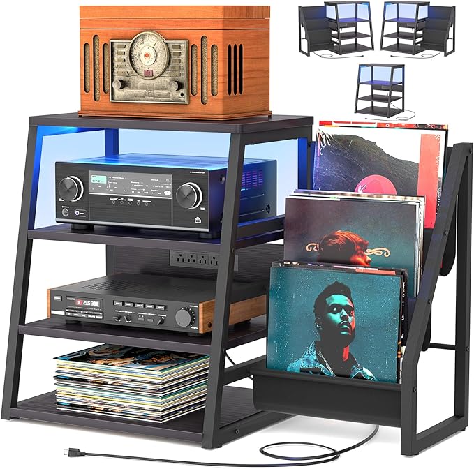 AV Media Stand with Outlets, Stereo Stands and Racks with Vinyl Storage - Image 4