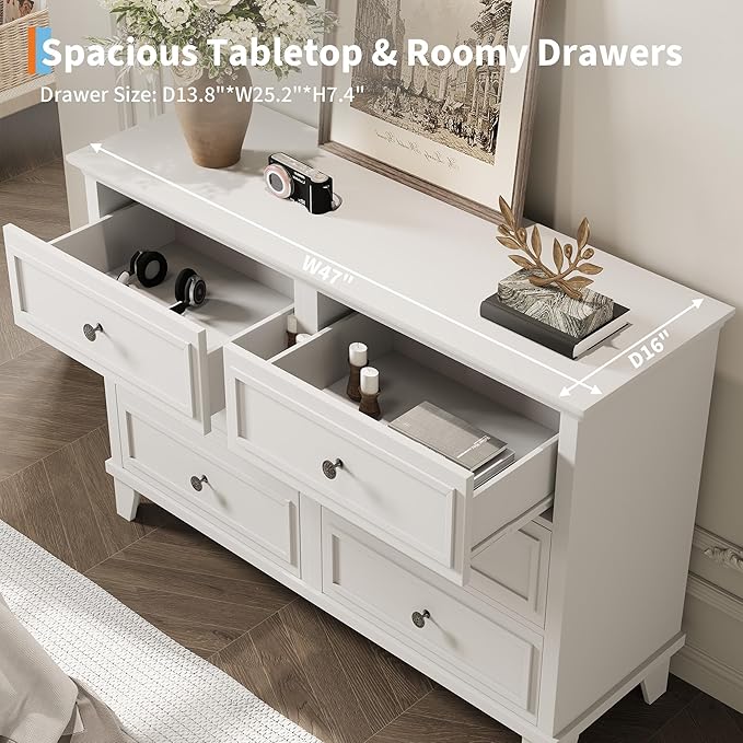 IDEALHOUSE 6 Drawer Dresser, Wooden Storage Chest of Drawers - Image 6