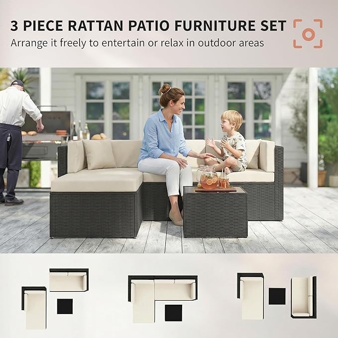 Outsunny 3 Piece Patio Furniture Set, Wicker Rattan Outdoor Patio Conversation - Image 3