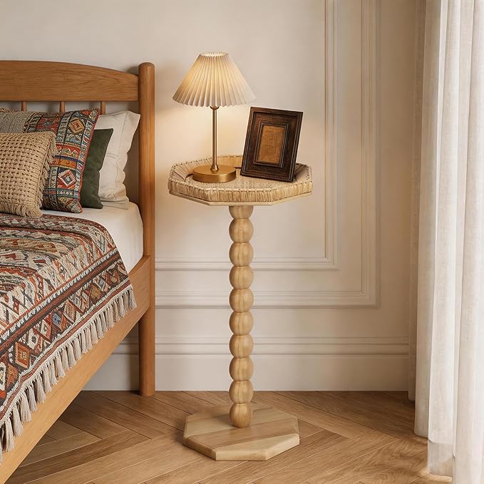 Natural Rattan End Table, Boho Solid Wood Octagon Side Table - Image 6