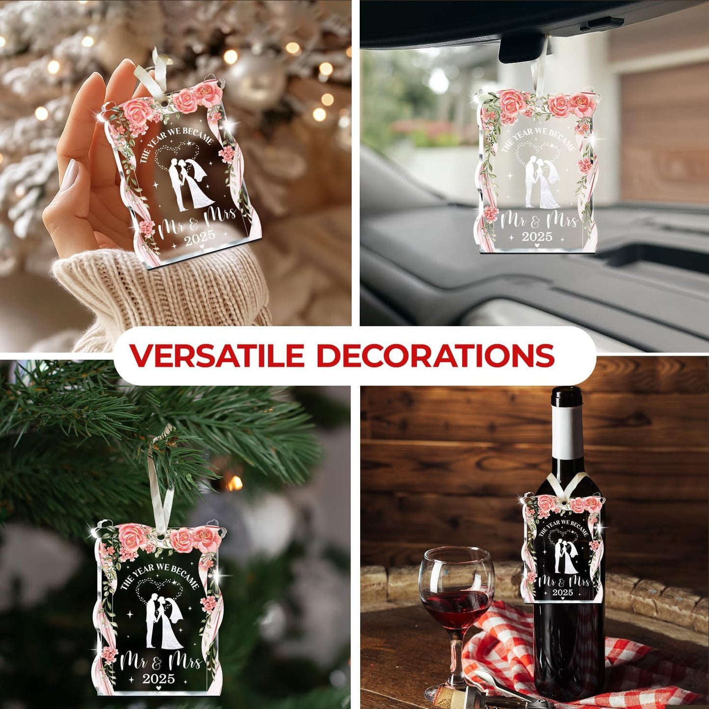 NewEleven Wedding Gifts - Mr and Mrs, Bridal Shower Decorations - Wedding Gifts for Couples 2025, Bride Gift for Friends - Just Married Glass 2025 Ornament