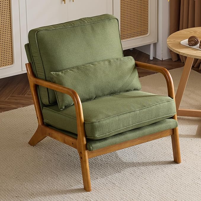 Bonnlo Dark Green Linen Mid Century Modern Accent Chair, Soild Wood Padding - Image 5