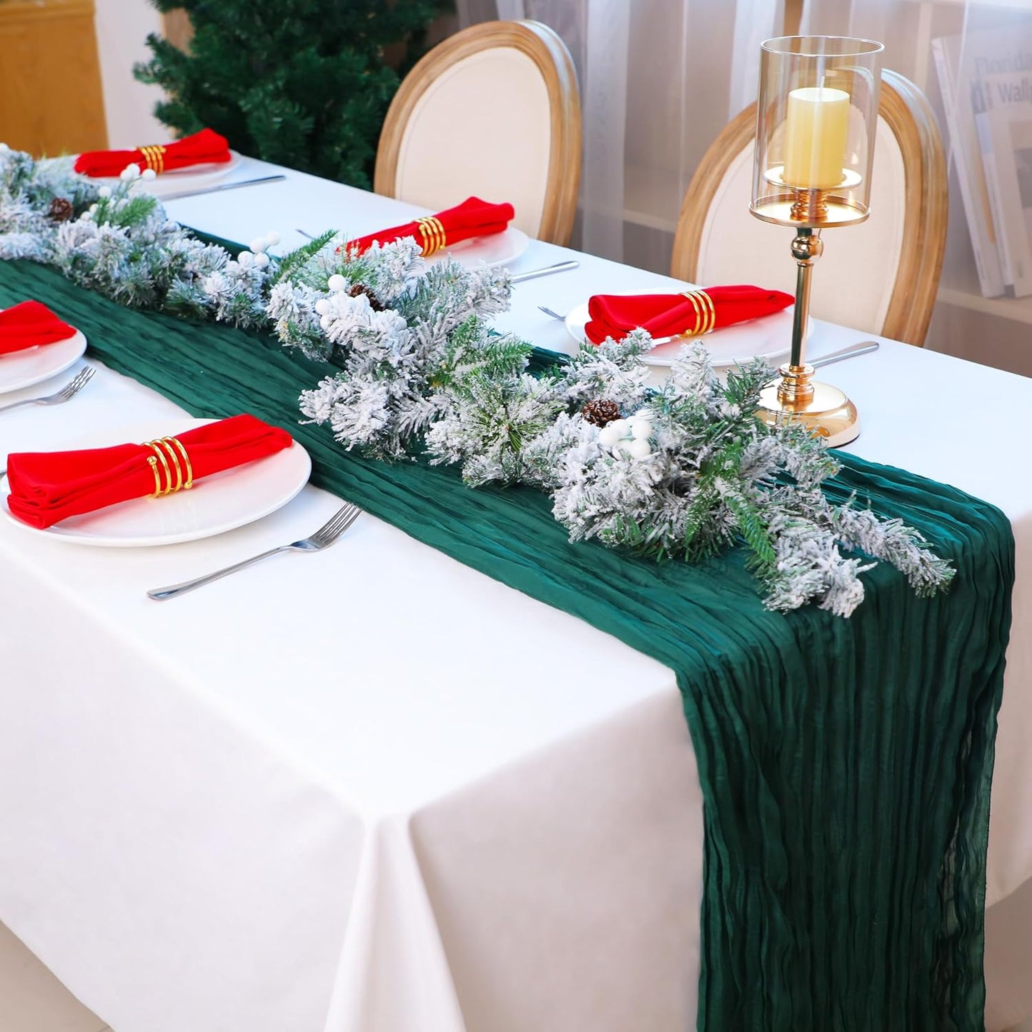 Snowkingdom 6 PCS Emerald Green Table Runner 120 Inch 10 Ft Rustic Boho Dark Green Cheese Cloth Runner for Wedding Bridal Baby Shower Birthday Party Christmas Sheer Gauze Home Table Centerpiece Deocr
