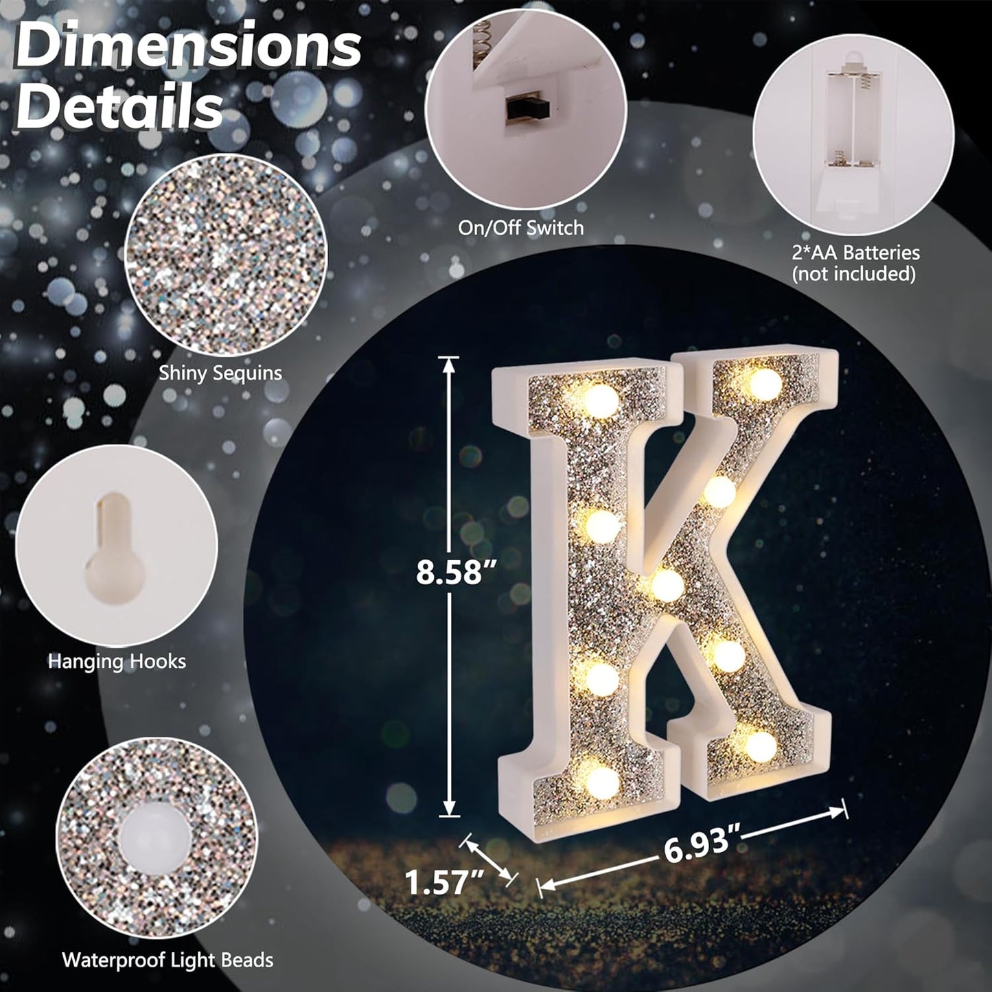 Marquee Light Up Letters, Glitter Silver LED Letter Lights Battery Powered Alphabet Letter Sign for Night Light Wedding Birthday Party Cafe Bar Decoration Girls Room Decor - K