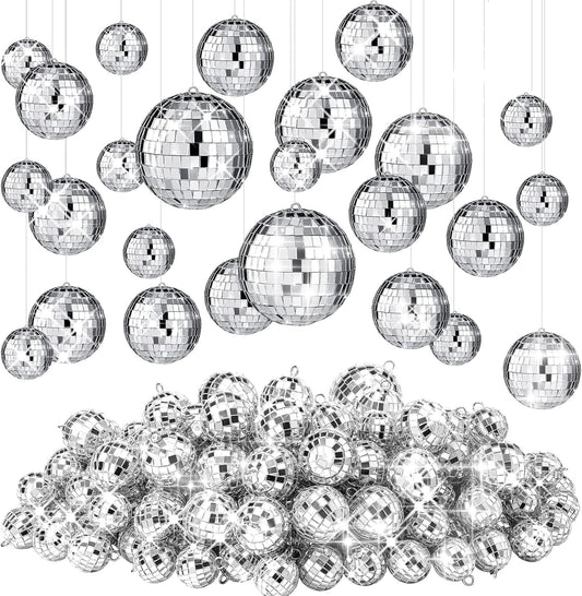 Funtery 100 Pcs Mirror Disco Balls Bulk Assorted Silver Hanging Disco Ball Decor for Home Wedding Birthday Dance Music 70 S Theme Party Christmas Tree Ornaments(1.2'', 2'', 3.2'', 4'')