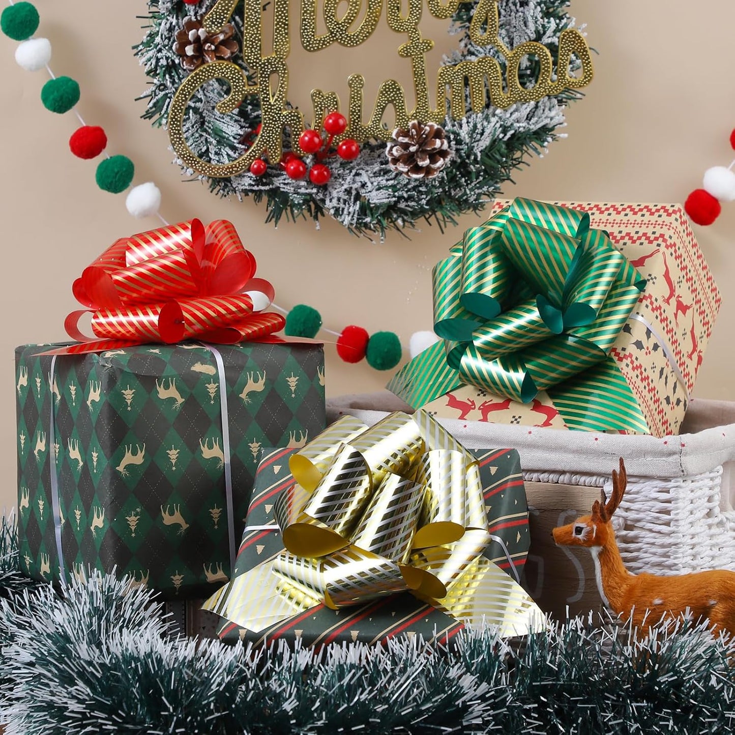 FORBINBO 12 Pieces Stripe Pull Bow Large Gift Wrapping Pull Bows with Ribbon for Christmas Presents Wedding Gift Wrapping Baskets