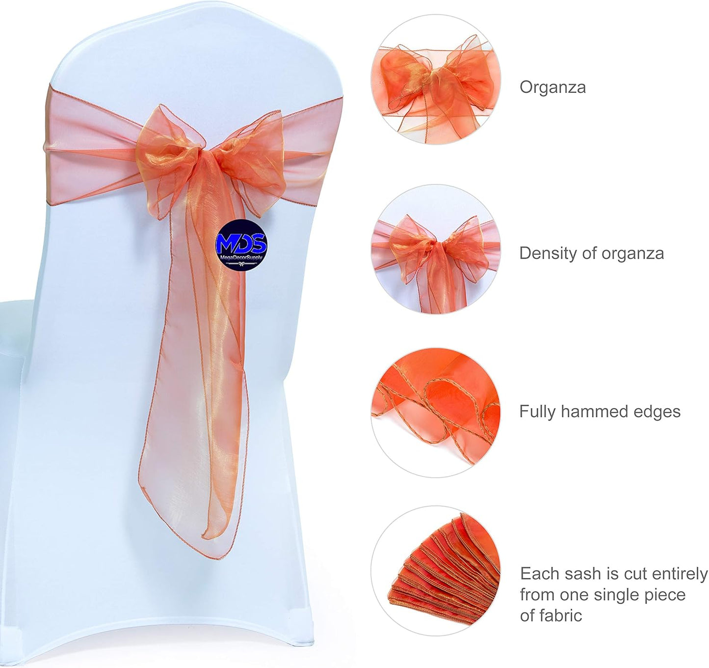MDS Pack of 200 PCS Organza Chair Sashes Wider Dining Chair Bows Ribbon Tie Back for Wedding Party Birthday Bridal Shower Reception Event Banquet Home Chair Cover Decoration - Brunt Orange