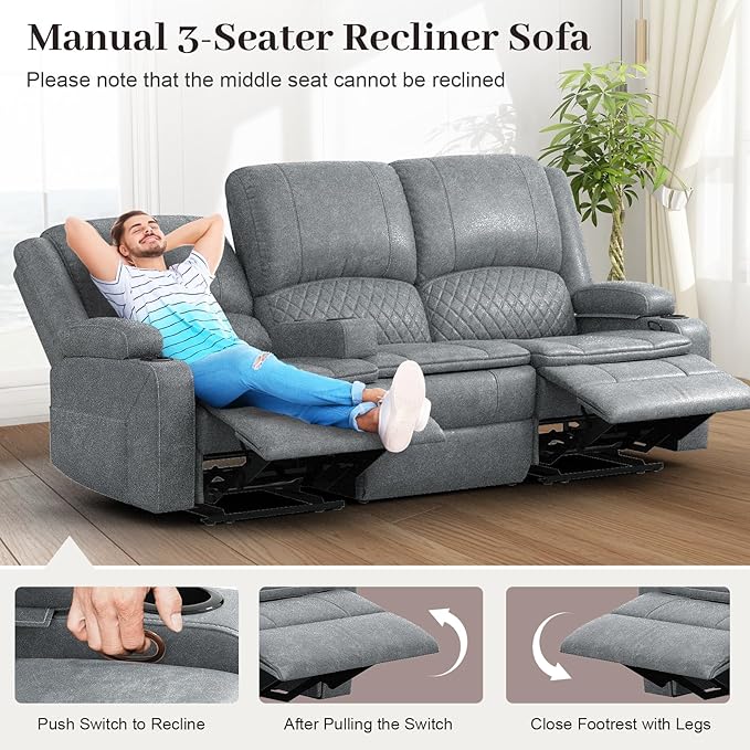 Yolsali 3-Seater Recliner Sofa, Manual Reclining Couch - Image 7