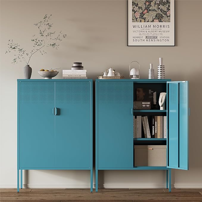 Metal Storage Cabinet, 2 Door TV Stand, Metal Mesh Accent Cabinet, Magnetic - Image 2