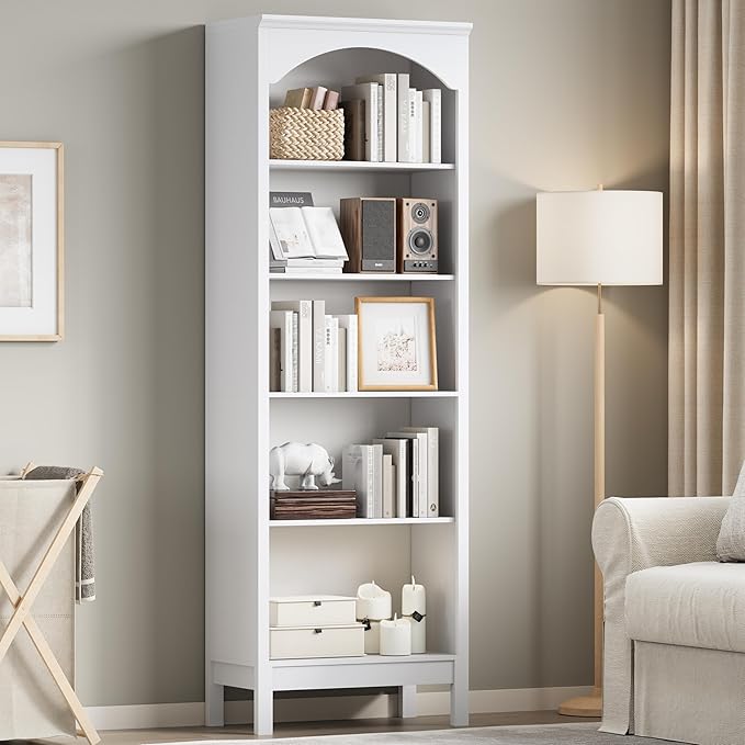 Arched Bookshelf with 5 Tier Open Shelves, Study and Living Room, Modern White - Image 7