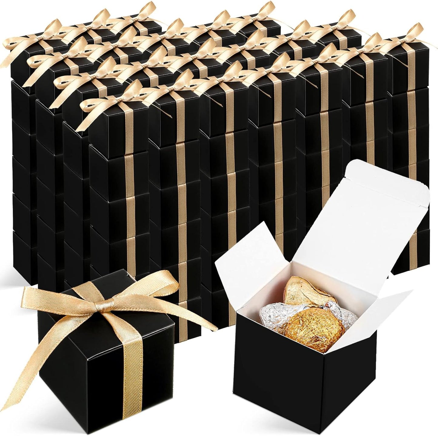 Jutom 100 Pcs Mini Favor Boxes Extra Small Candy Boxes Paper with Gold Ribbon for Christmas Thanksgiving Day Birthday Wedding Anniversary Supplies(2 x 2 x 2 Inch,Black)