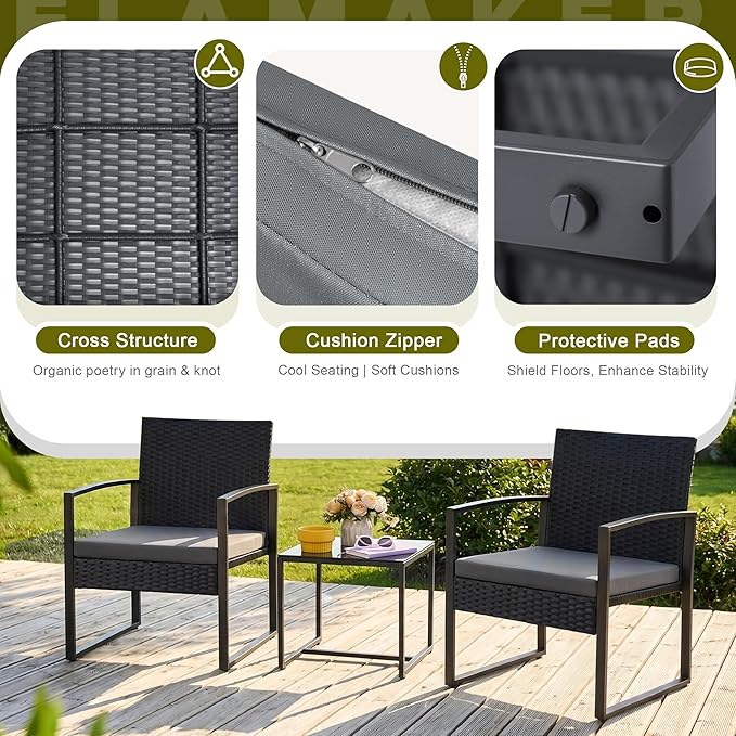 Flamaker 3 Pieces Patio Set Outdoor Wicker Furniture Modern Bistro Rattan Chair - Image 5