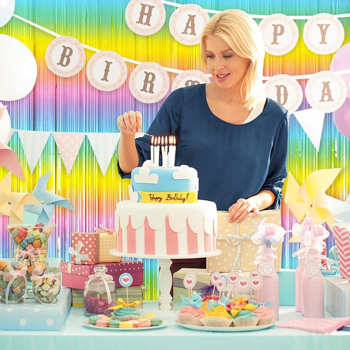 3 Pack Backdrop Pastel Rainbow Foil Fringe Backdrop Curtains Dance Party Decorations Photo Booth Props for Bachelorette Easter Decorations Christmas Halloween New Years Eve Party Supplies