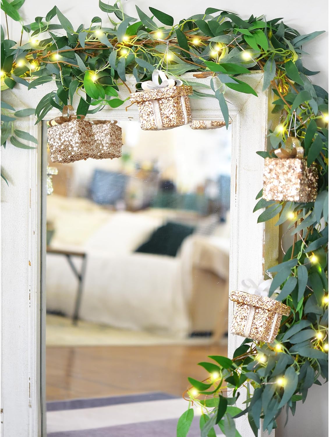 Artificial Willow Garland with Lights & Ornaments – 2-Pack Lighted Greenery Vine, USB Fairy Lights with Remote & Timer for Mantels, Weddings, Fireplace, Holidays, Parties & Everyday Home Decor