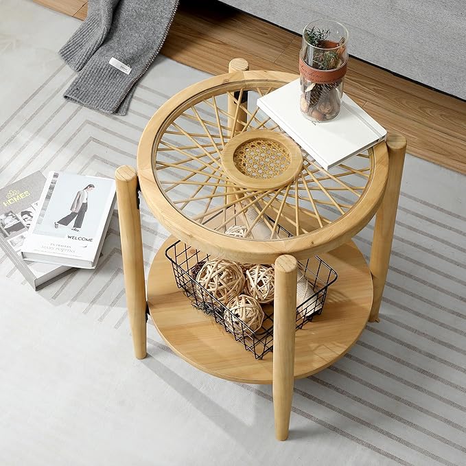 RUSTOWN Rattan Nightstands Set of 2, Boho Wood Round Side Tables, 2-Tier - Image 6
