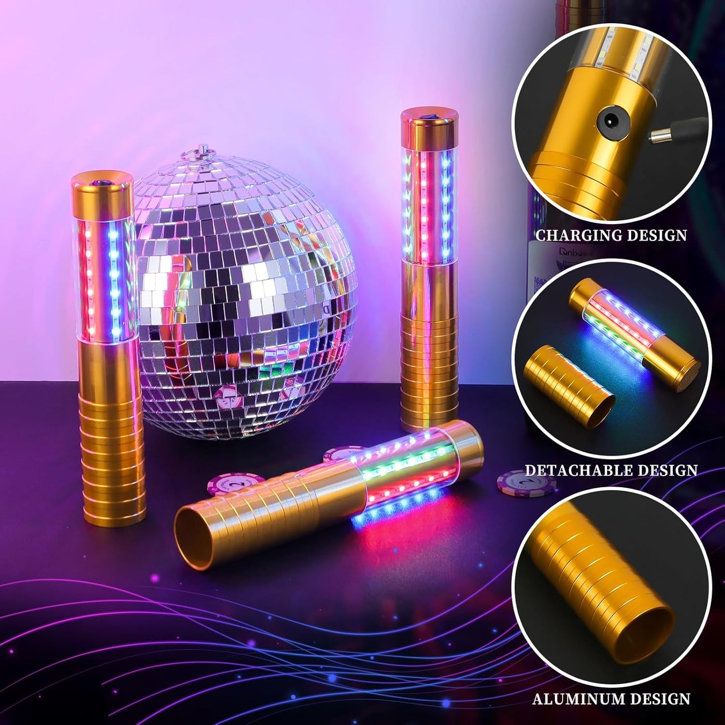 2 Pieces RGB LED Strobe Baton Light Rechargeable Bottle Service Sparklers Stick Reusable Champagne Bottle Handheld LED for Club Stage Nightclub Party Concert Event Bar Outdoor - Gold