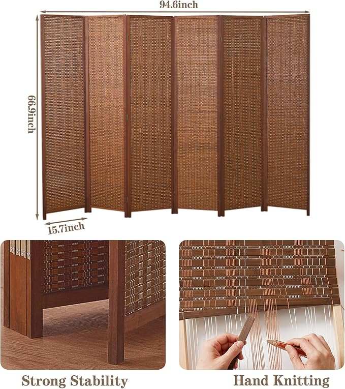 6 Panel Room Divider and Extra Wide Folding Privacy Screen, 94.5" W x 67" H - Image 3