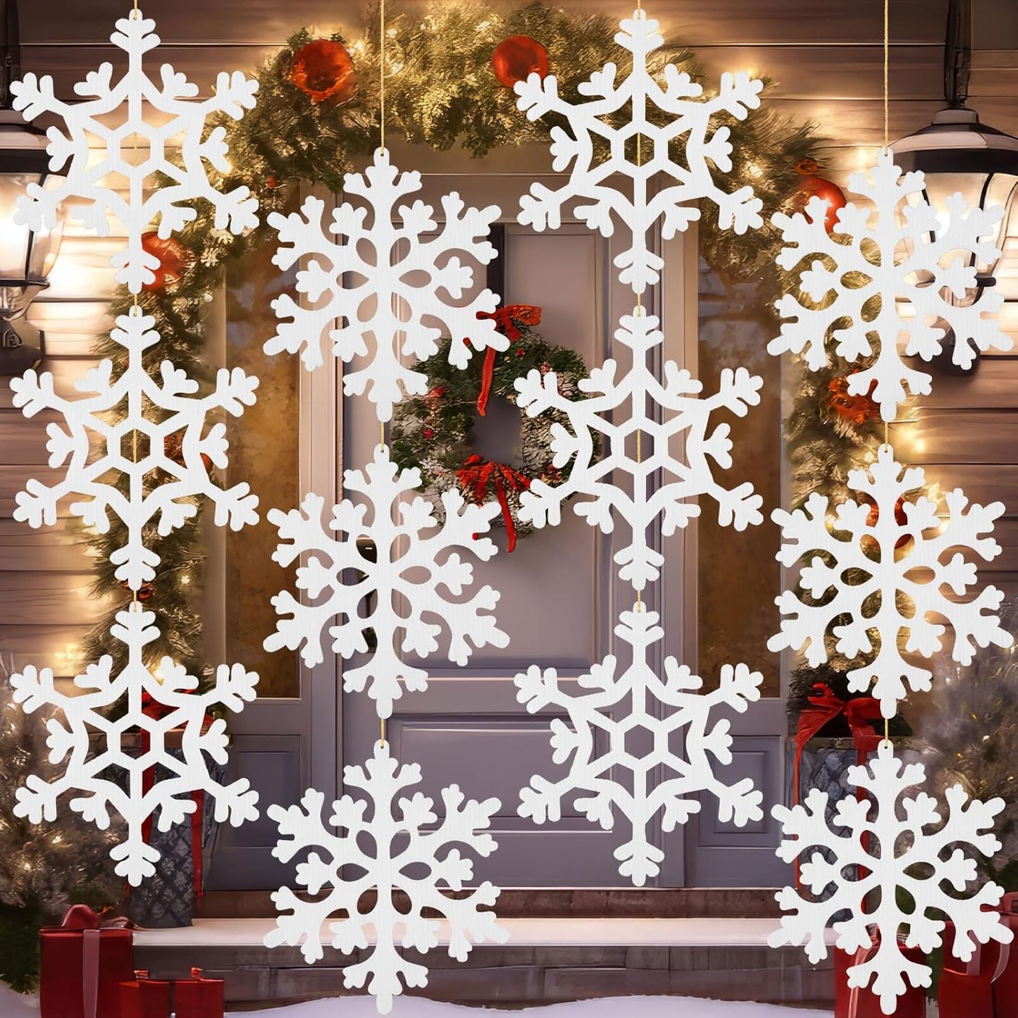 18 Pcs Large Christmas Snowflake Decorations, 8 Inch White Snowflake Hanging Ornaments Plastic Christmas Yard Decorations for Winter Indoor Outdoor Xmas Tree Holiday Yard Lawn Decor
