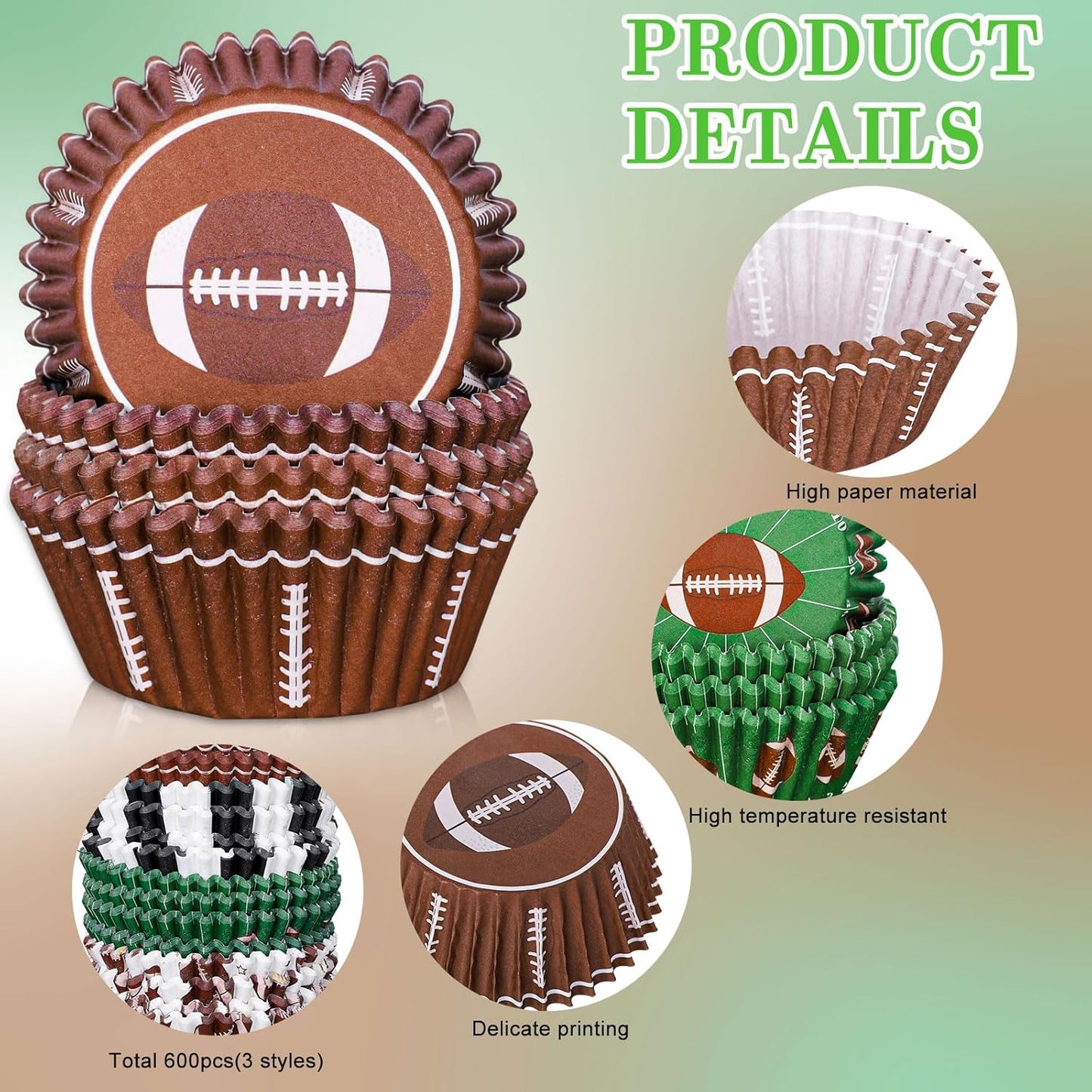 Whaline 600Pcs Football Cupcake Liners 6 Styles Rugby Cupcake Wrappers Baking Cups Holders Sports Theme Muffin Baking Liners for Birthday Party Holiday Party Post-match Celebration